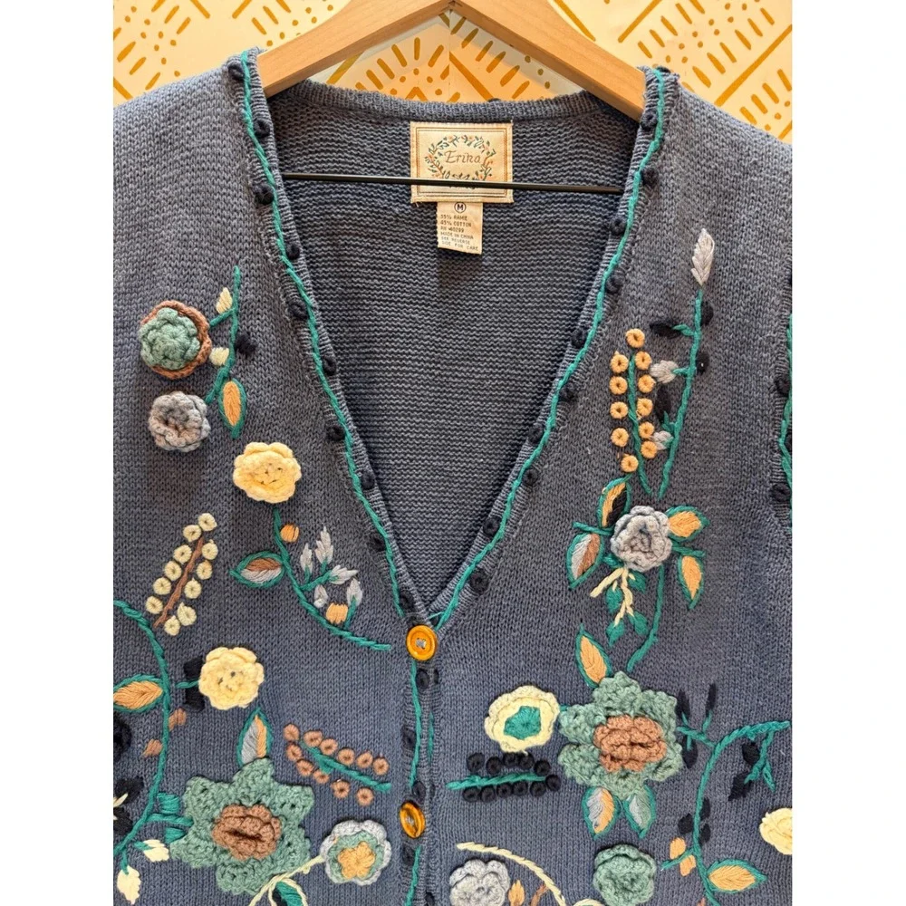 Vintage Cottagecore Sweater Vest Women M Blue Floral Embroidered Crochet Nature - Picture 2 of 9